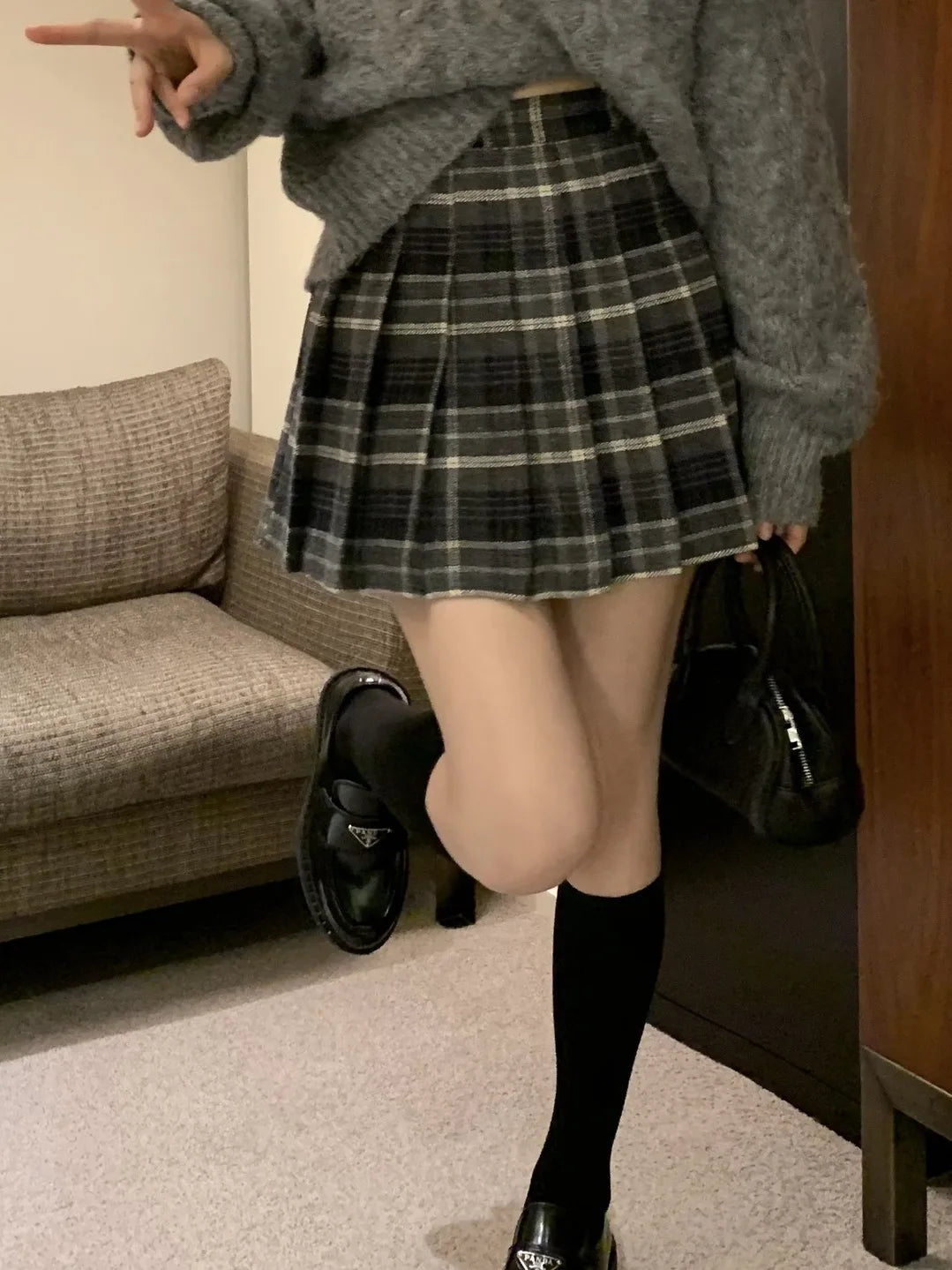 High Waist Plaid A-Line  Skirt Women's Commuter Style Autumn Winter Fashion College Trendy Skirts Polyester Fabric