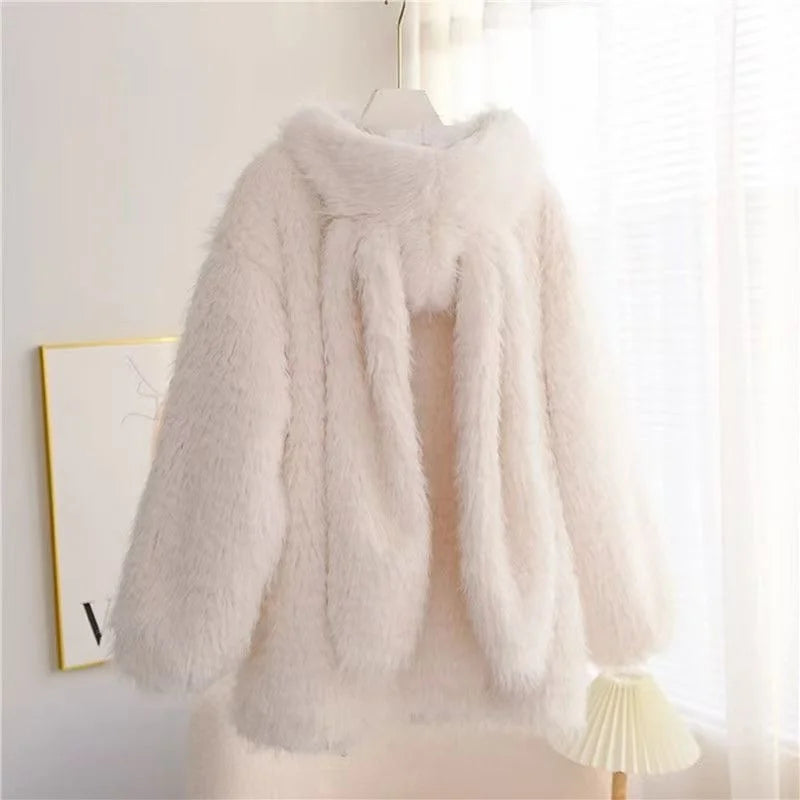 Cute Rabbit Ear Plu Jaet Women's Autumn Winter New Sle Sweet Loose Thiened Hoodie Outerwear Soft Cozy Comfortable