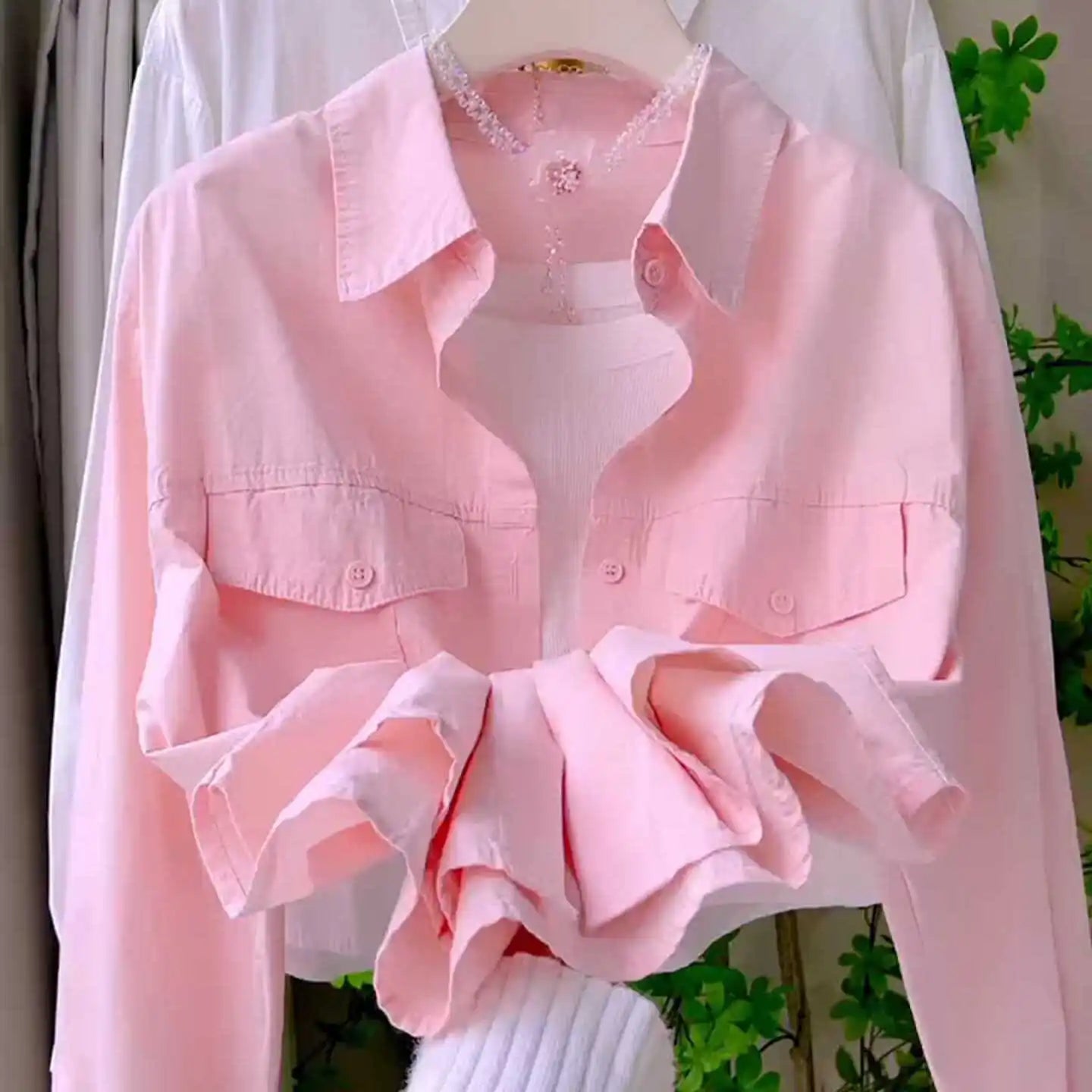 Sweet Pink Long Sleeve Pure Cotton Shirt Women's Casual Short Style  Collar Cardigan Coat Korean Loose Fit Button Detail